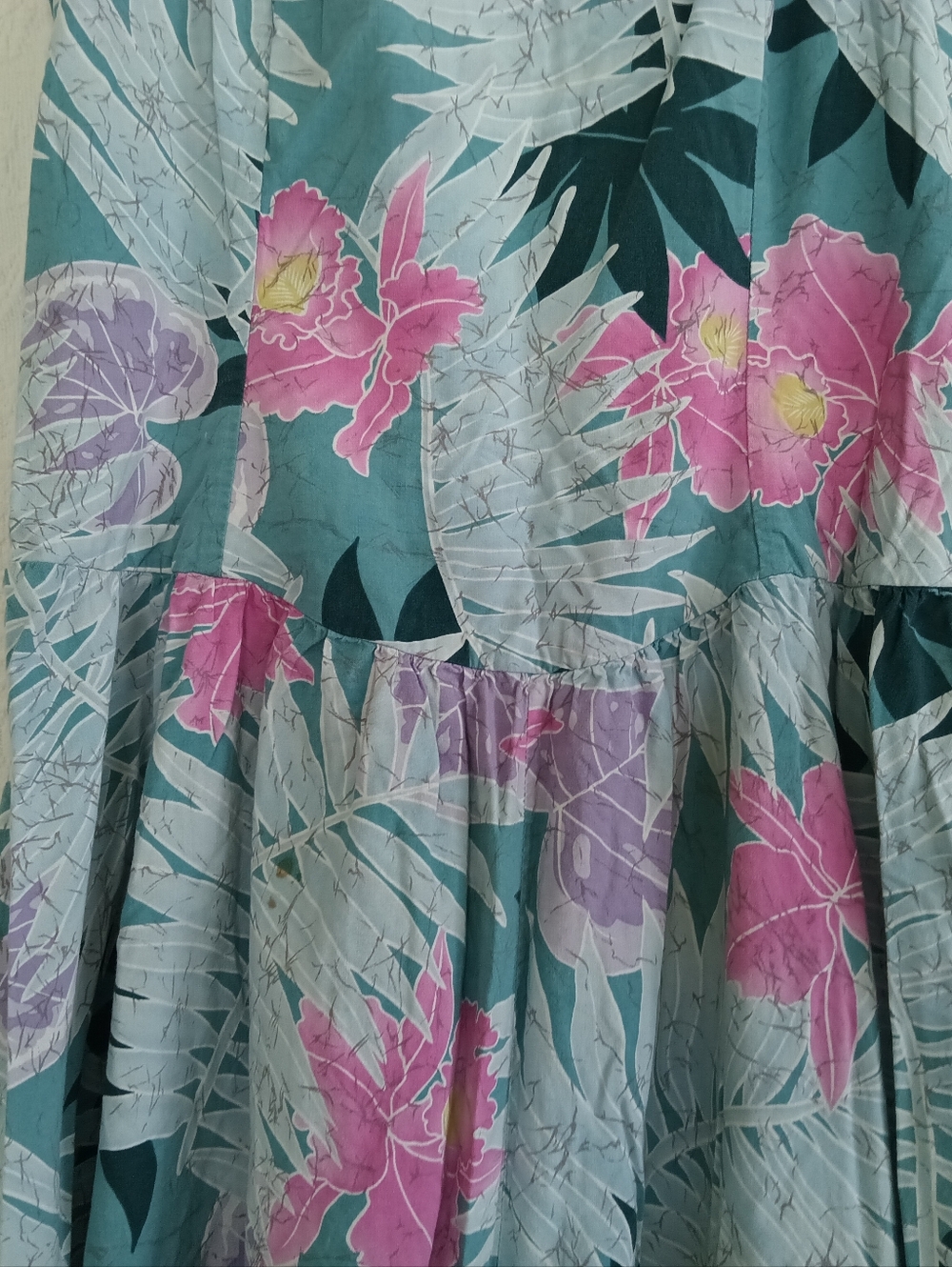 Hilo Hattie Teal Floral Midi Dress with Pink & Lavender Blooms Sun Dress Ruched - Picture 3 of 14